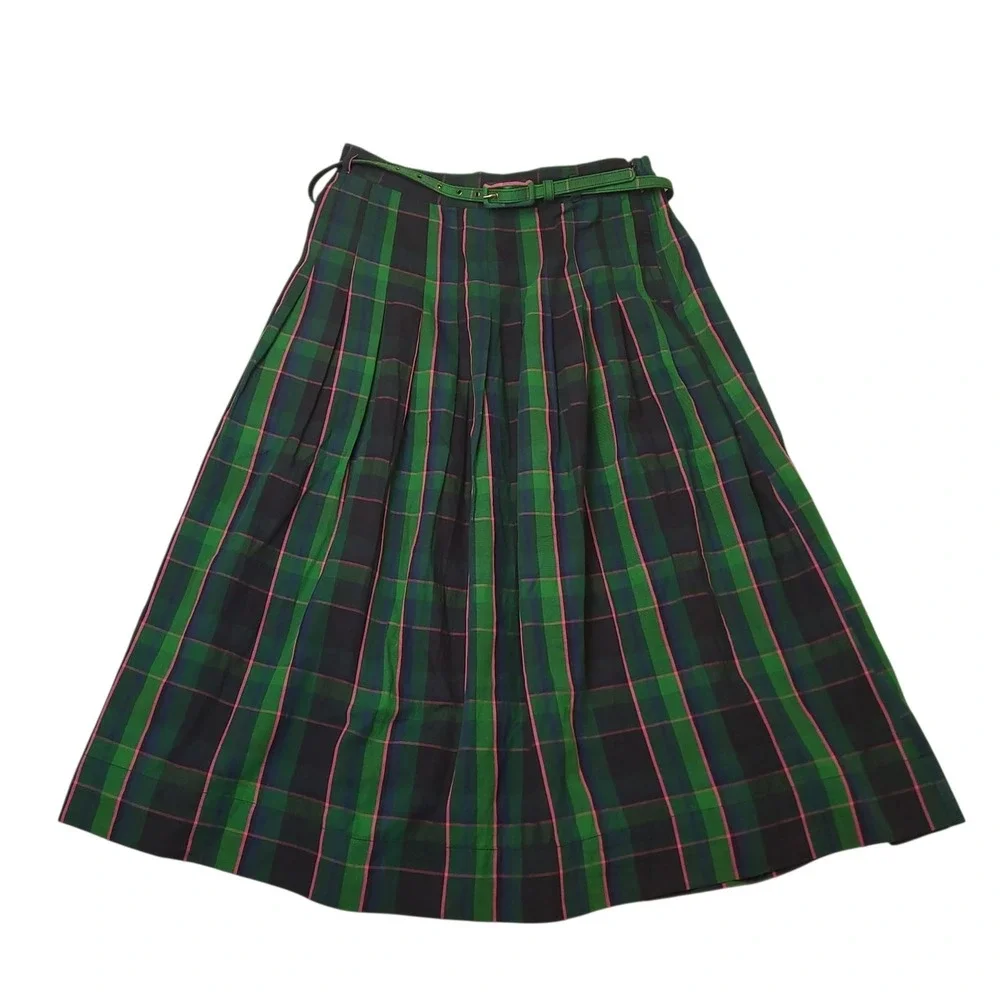 Free Assembly Womens Plaid Pleated Midi Skirt Sz Small Belted Academic Cotton